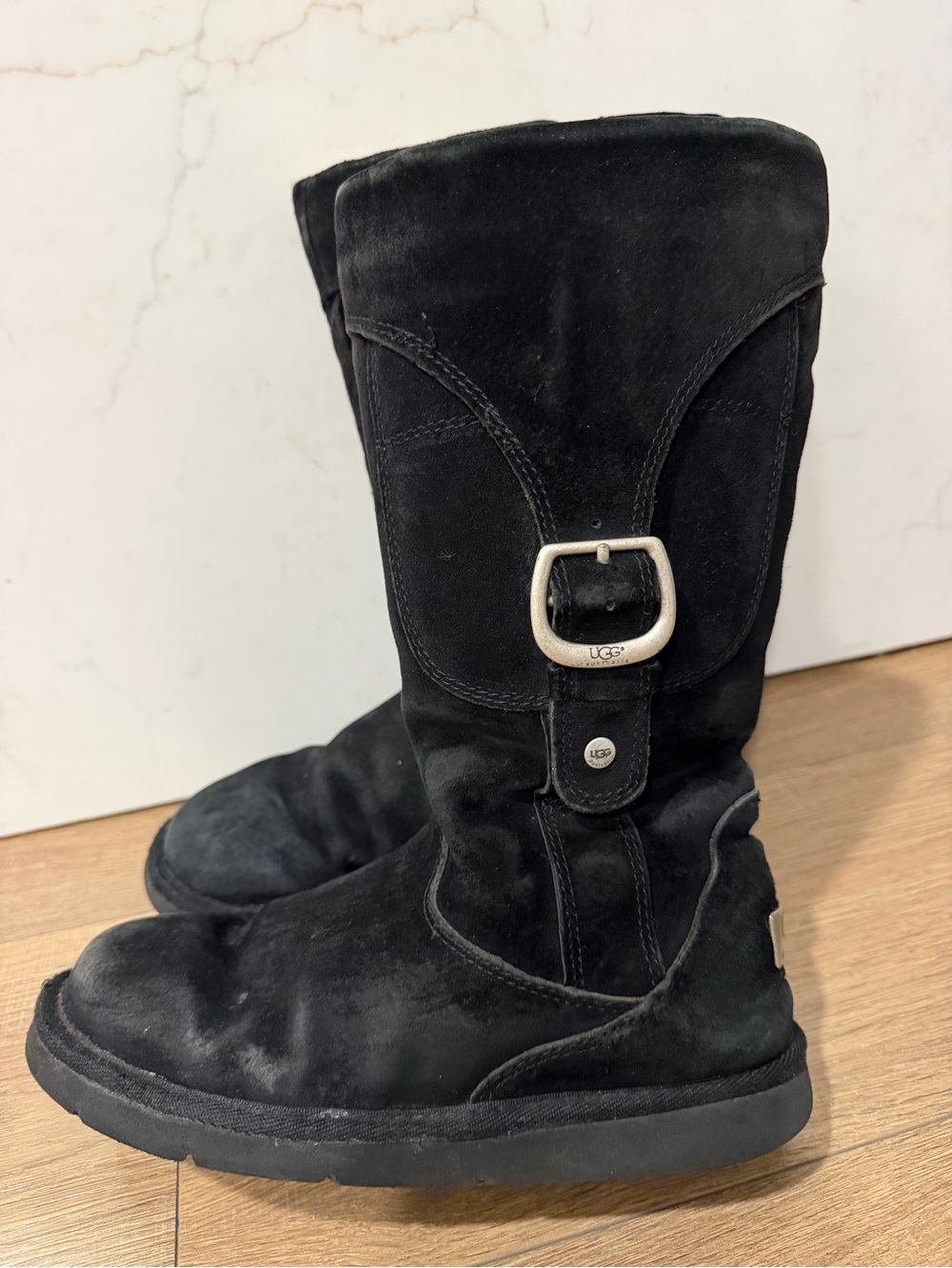 UGG Black Suede Shearling Mid-Calf Boot with Buckle, women 7 - Picture 5 of 13